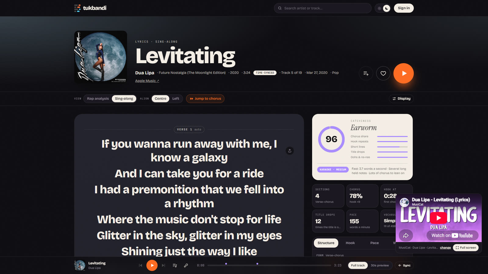 Sing-along mode on a pop track